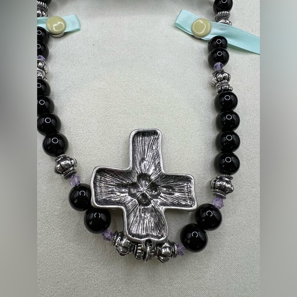 NWT Dolls Kill Divine Nature Cross Necklace Black beads w/ purple crystals - Picture 7 of 7
